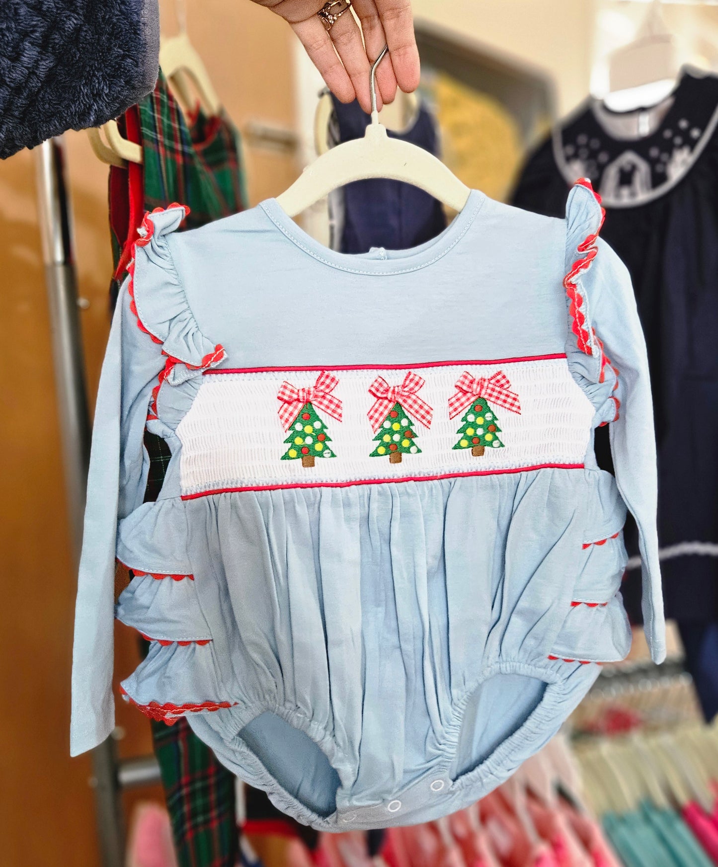 Smocked Girls Christmas Tree Ruffle Bubble