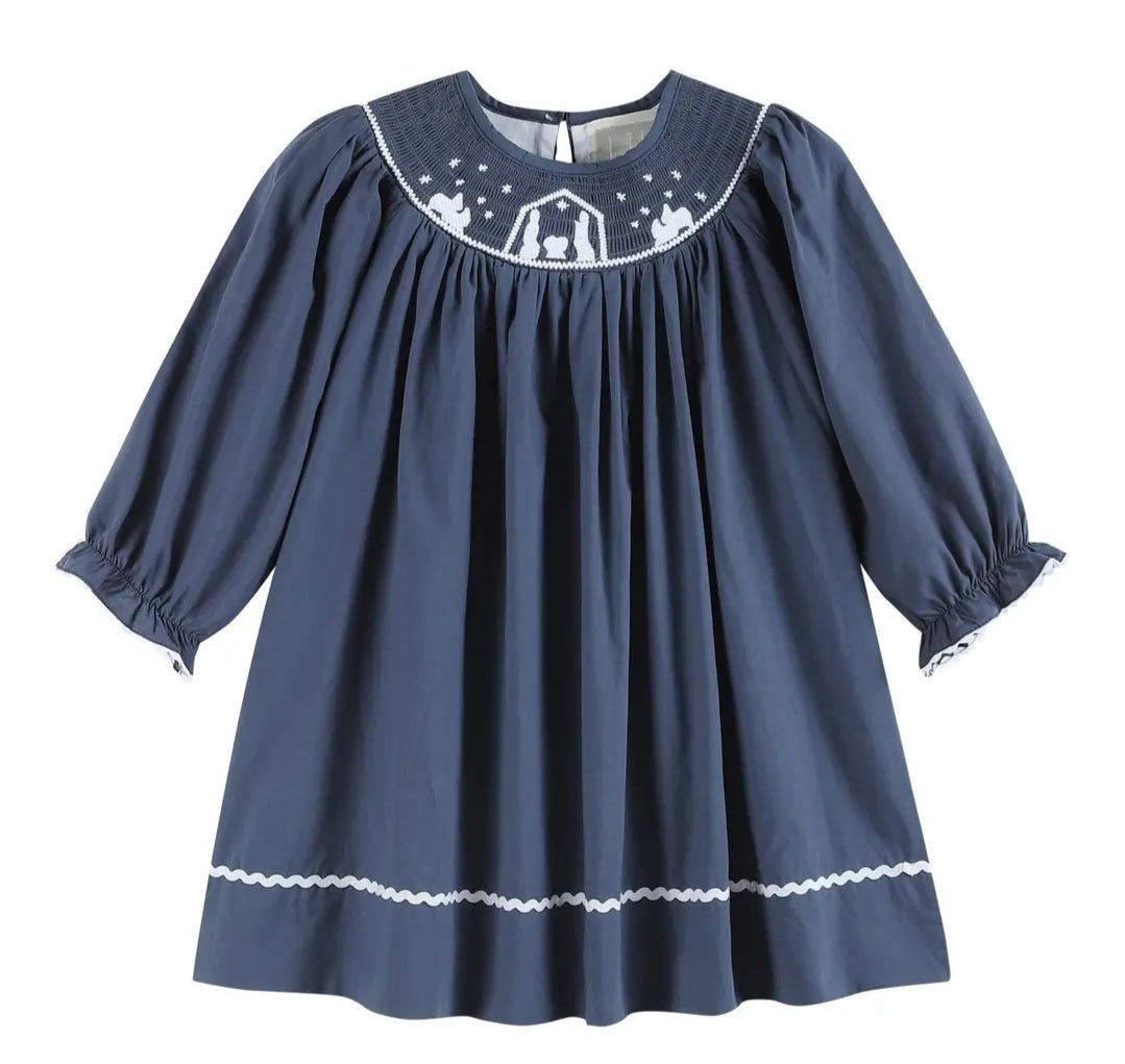 Girls Navy Nativity Smocked Dress
