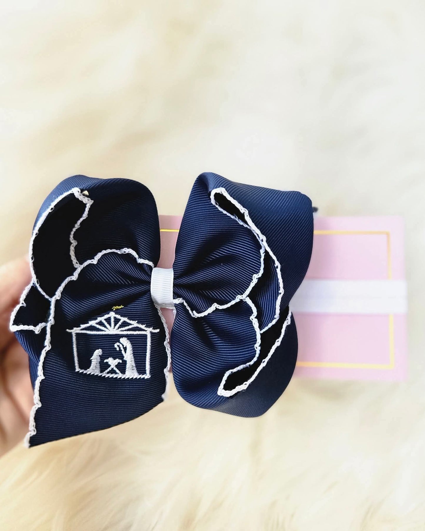 Navy Nativity Trimmed Headband Bow