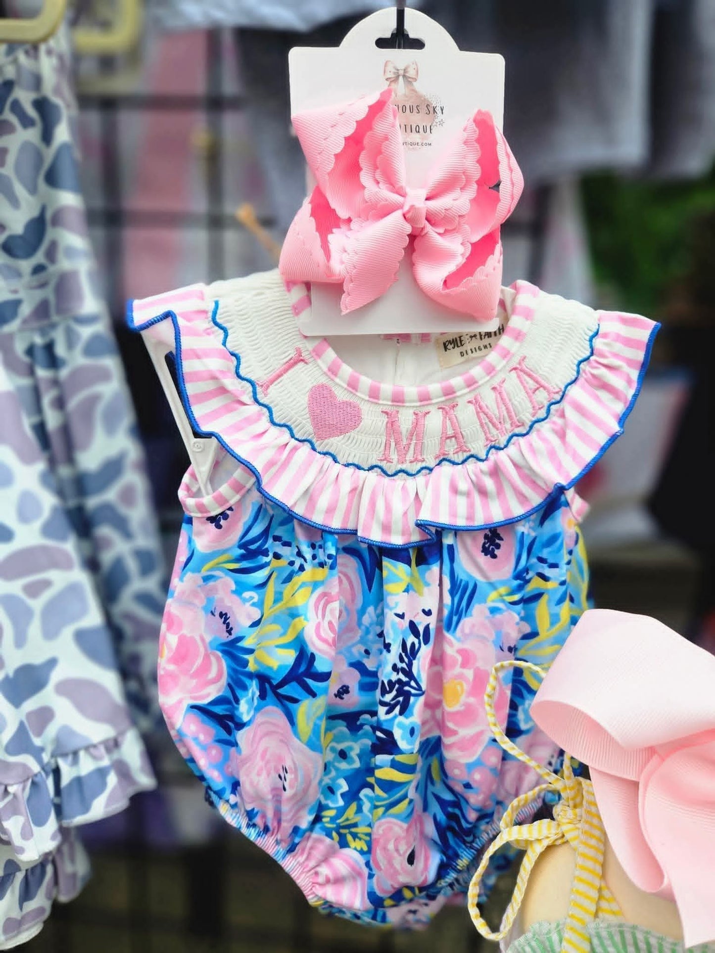 "I Heart Mama" Girls Smocked Floral Bubble #539
