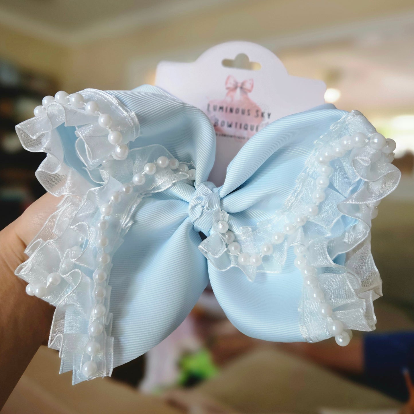 Extra Large Pearls and Ruffles Blue Clip Bow