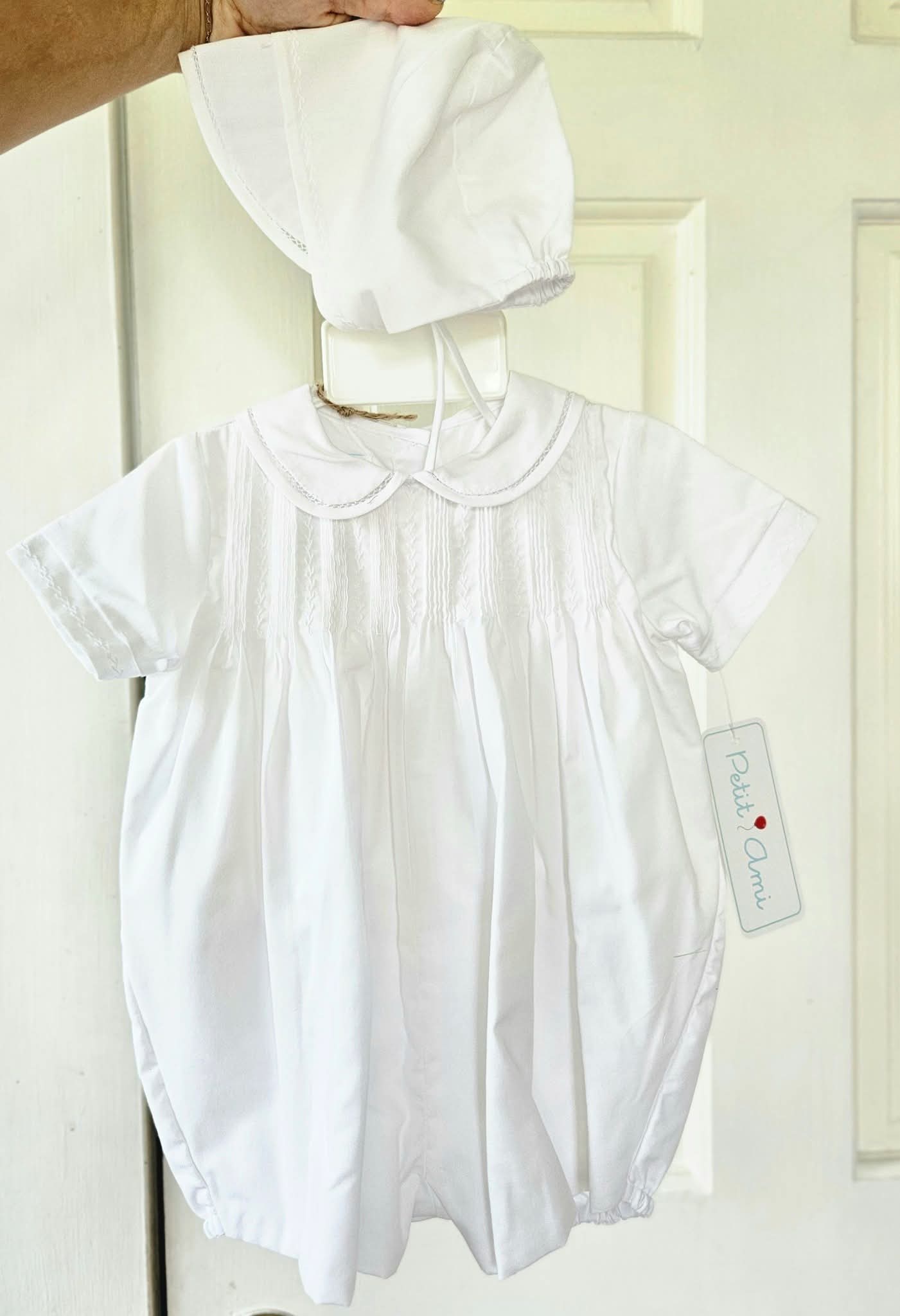 Newborn Pintuck Baby Boys Romper Bonnet set