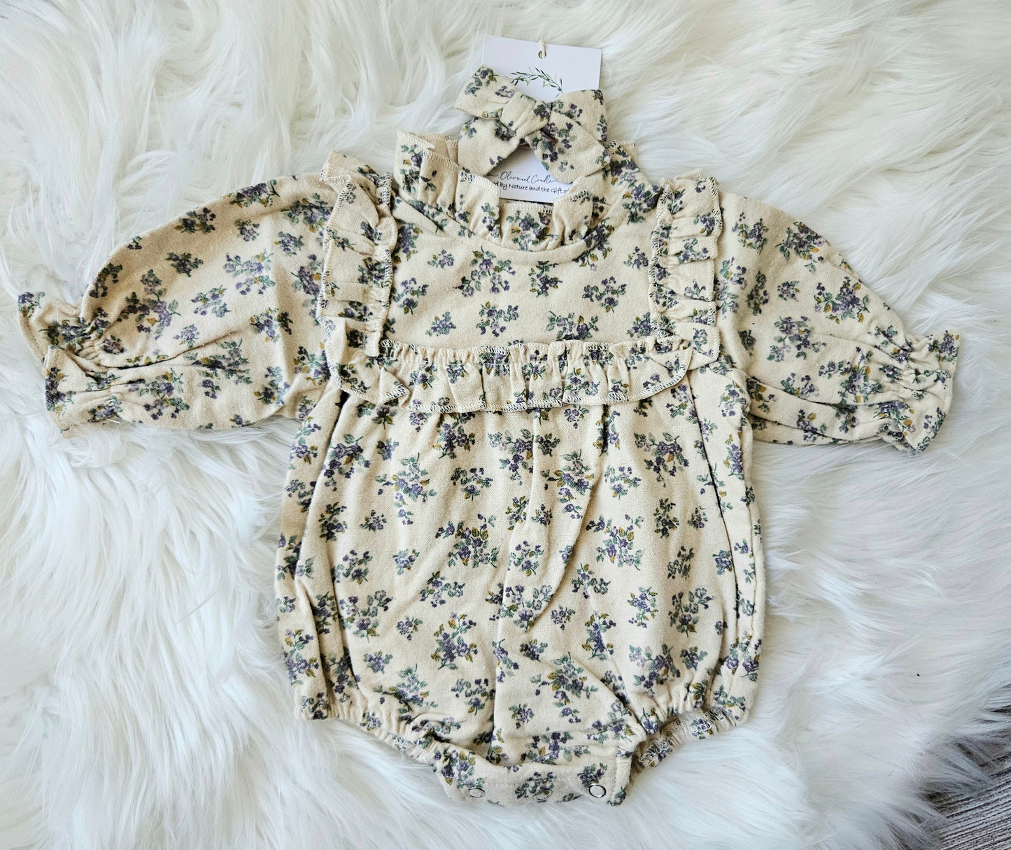 Cotton Flannel Girls Floral Bubble Romper W/ Matching Bow