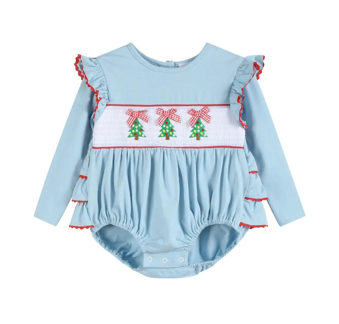 Smocked Girls Christmas Tree Ruffle Bubble