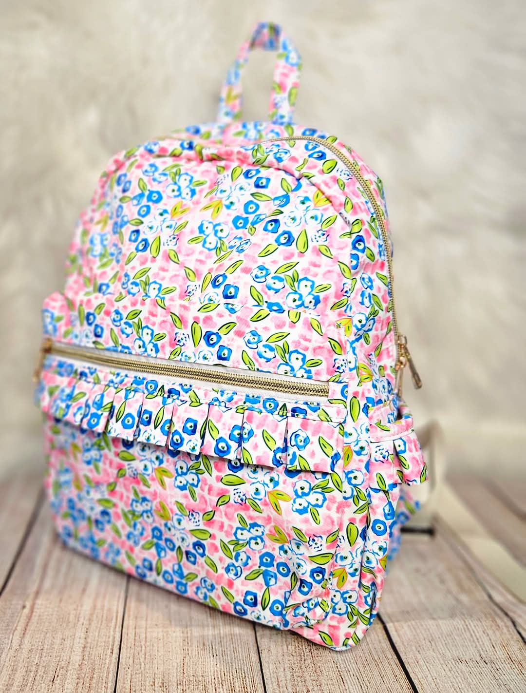 Girls Pink and Blue Floral Backpack