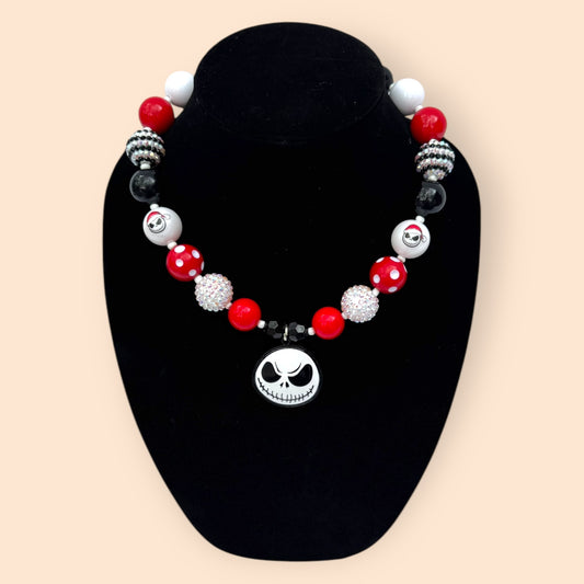 Christmas Skeleton Black & Red Bubble Gum Necklace 18.5"