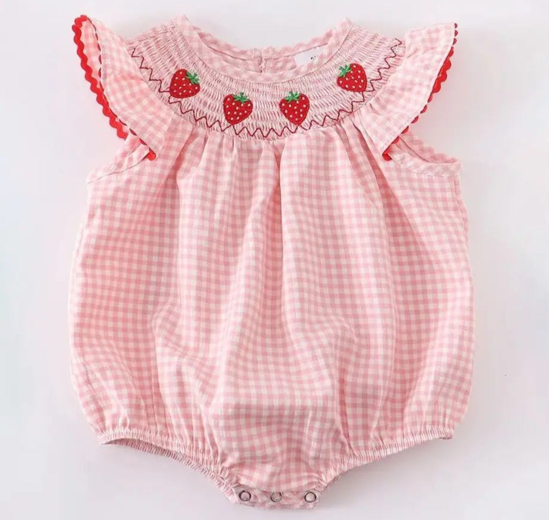 Baby Girls Strawberry Smocked Summer Bubble #535