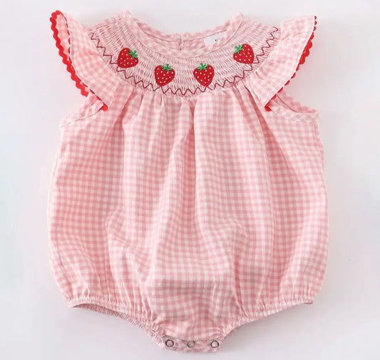 Baby Girls Strawberry Smocked Summer Bubble #535