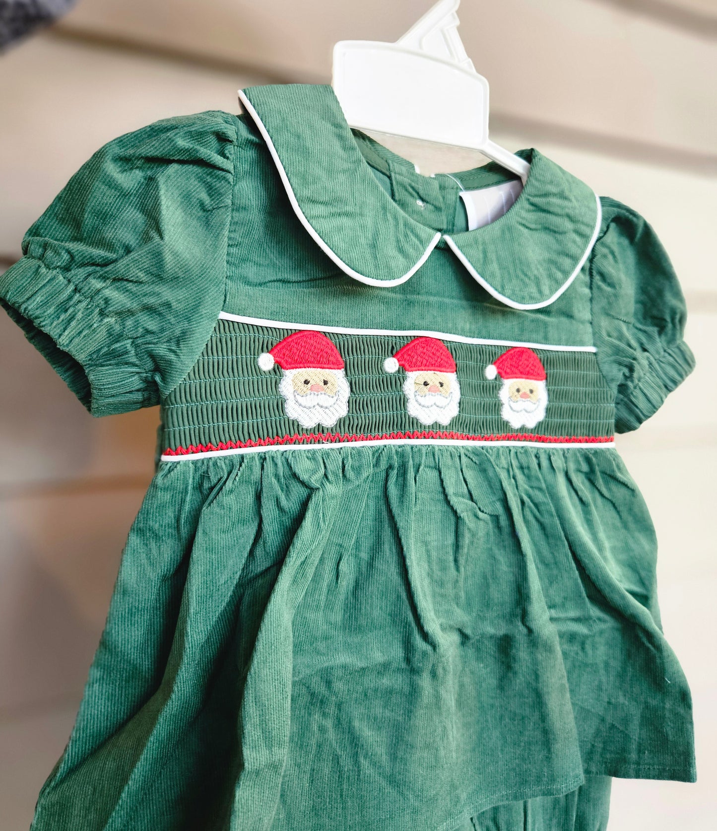 Girls Green Corduroy Smocked Santa Diaper Set