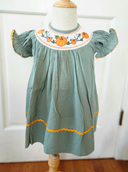 Green Smocked Pumpkin Dress