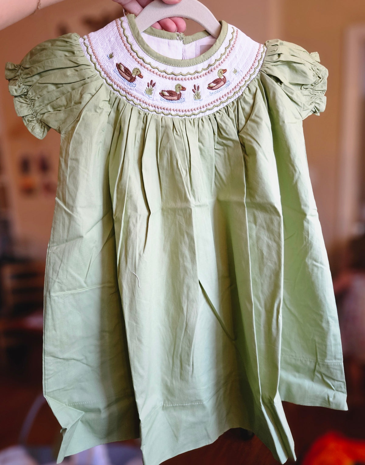 Sage Mallard Duck Smocked Dress