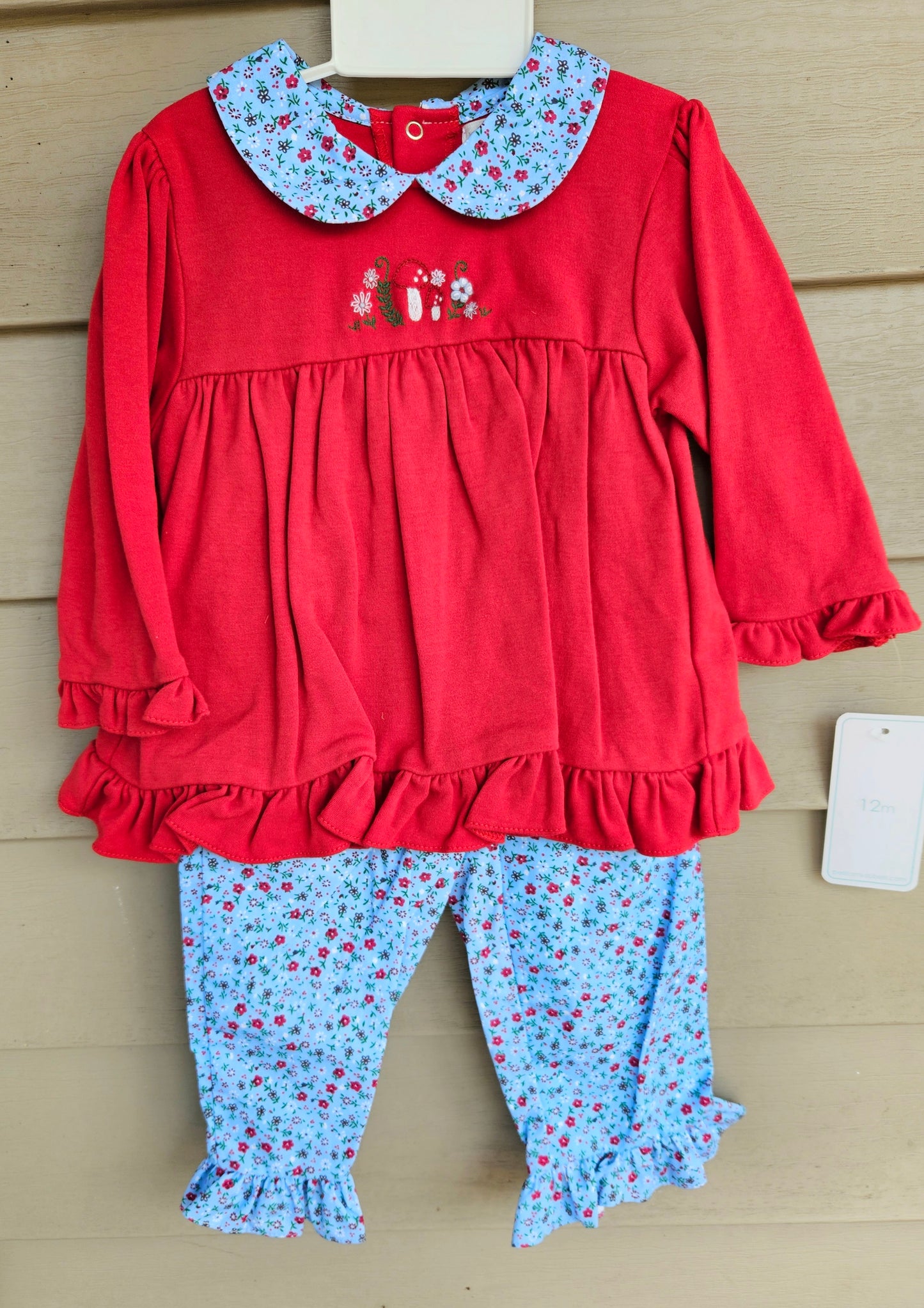 Girls Embroidered Red and Blue Woodland Mushroom Set