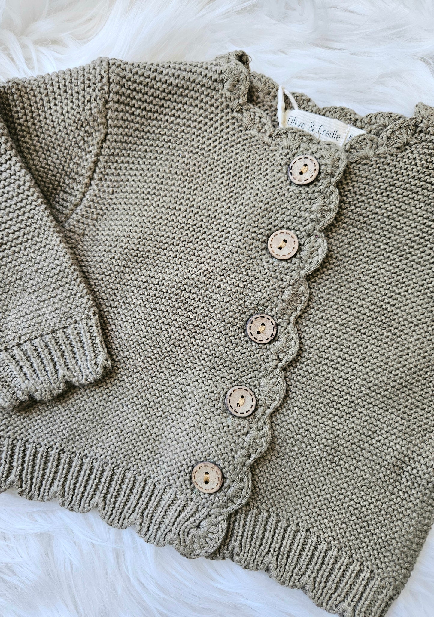 Green Scallop Edge Girls Cotton Cardigan