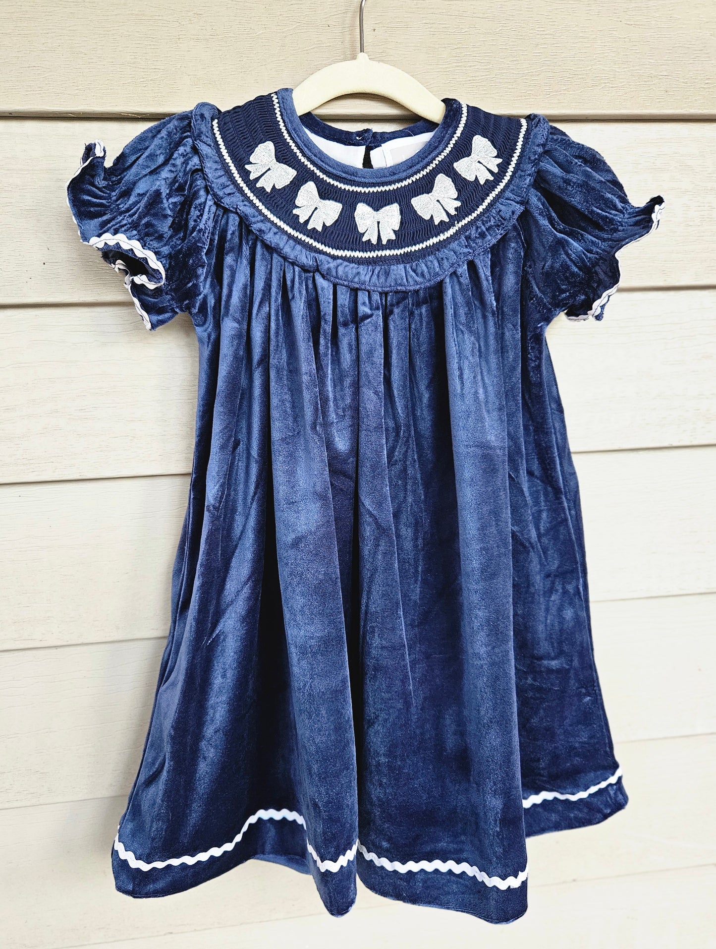 Velvet Silver Bow Smocked Dress