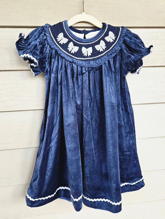 Velvet Silver Bow Smocked Dress