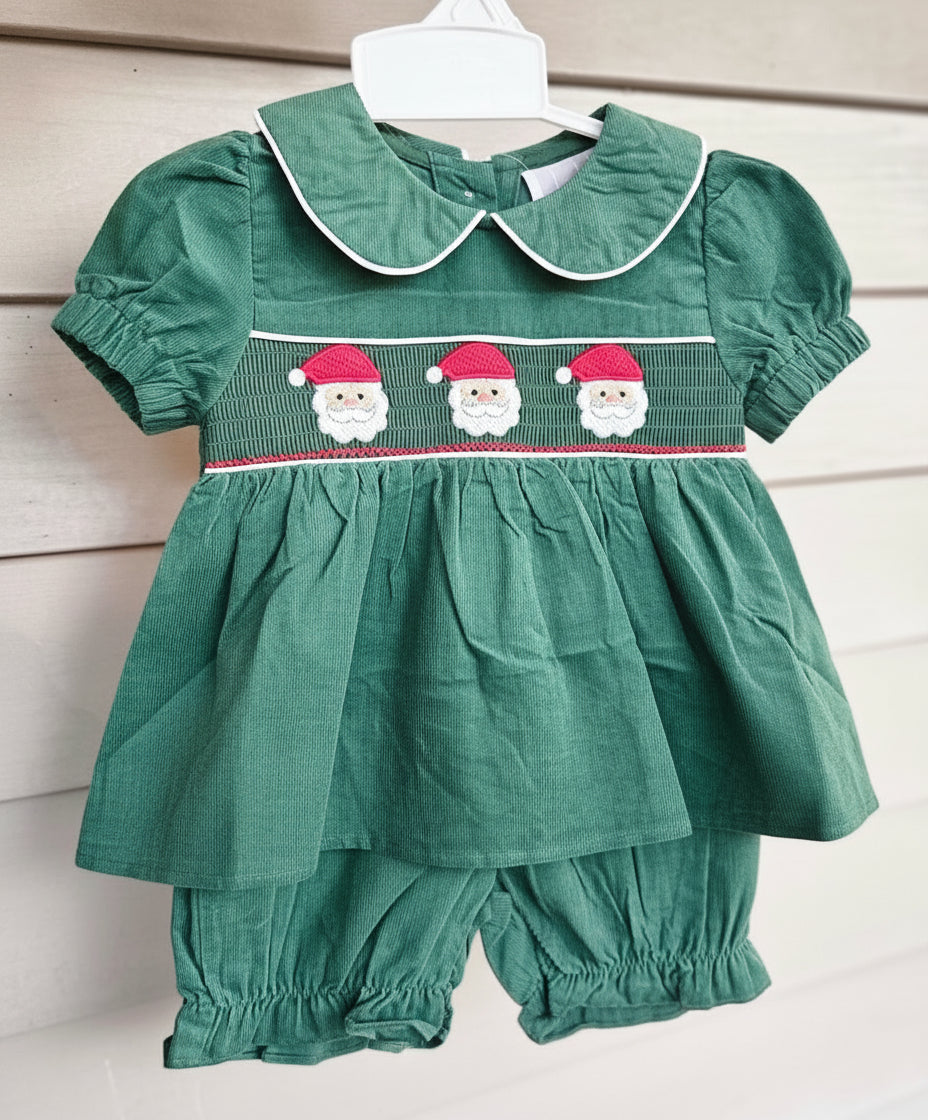 Girls Green Corduroy Smocked Santa Diaper Set
