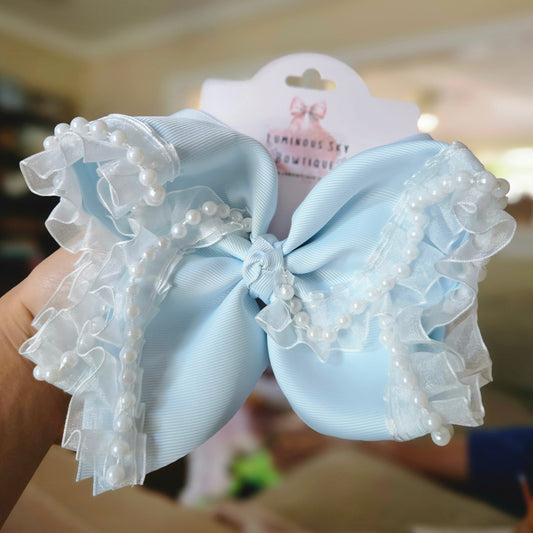 Extra Large Pearls and Ruffles Blue Clip Bow