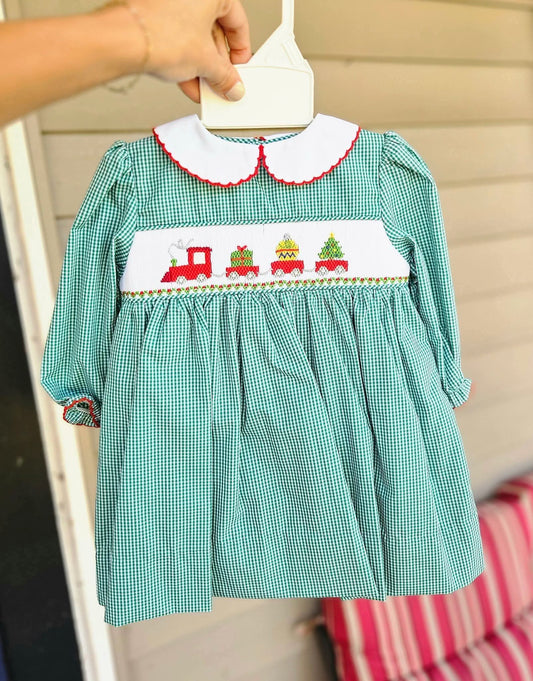 Christmas Train Girls Hand Smocked Dress