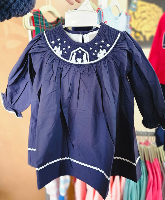 Girls Navy Nativity Smocked Dress