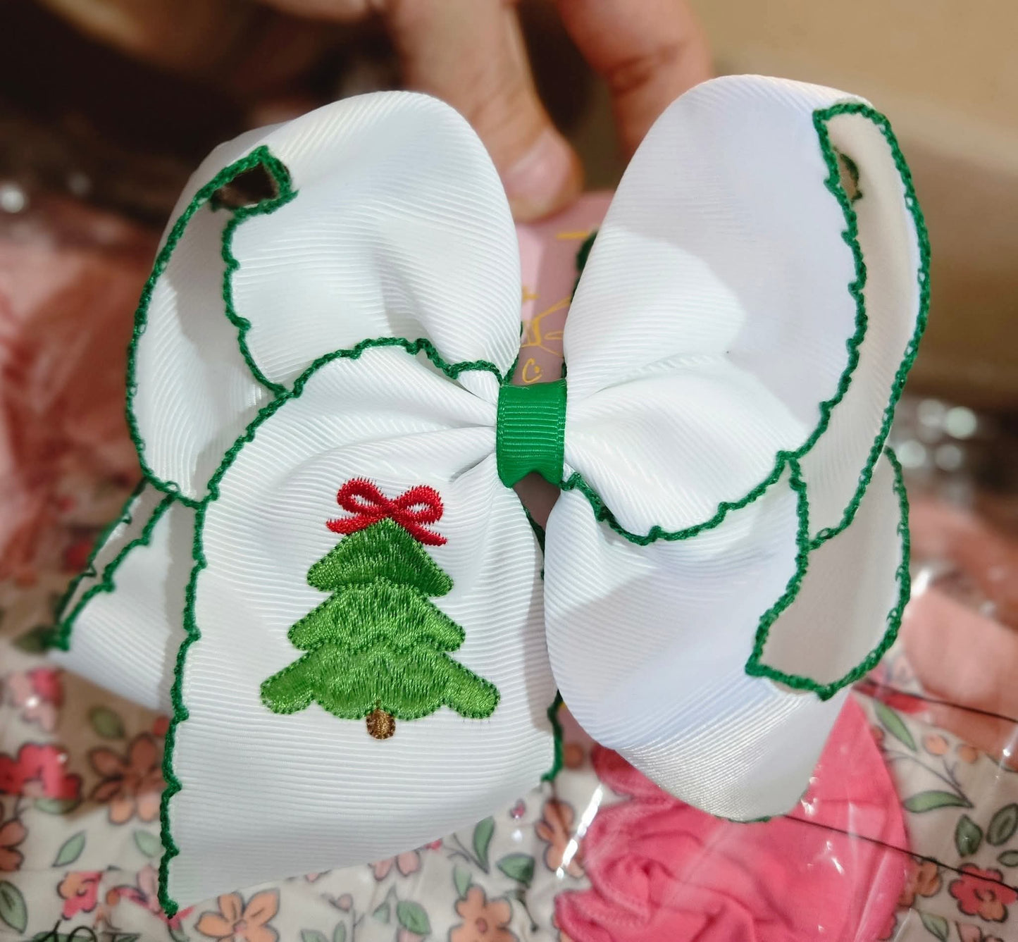 Embroidered Christmas Tree Clip Hairbow