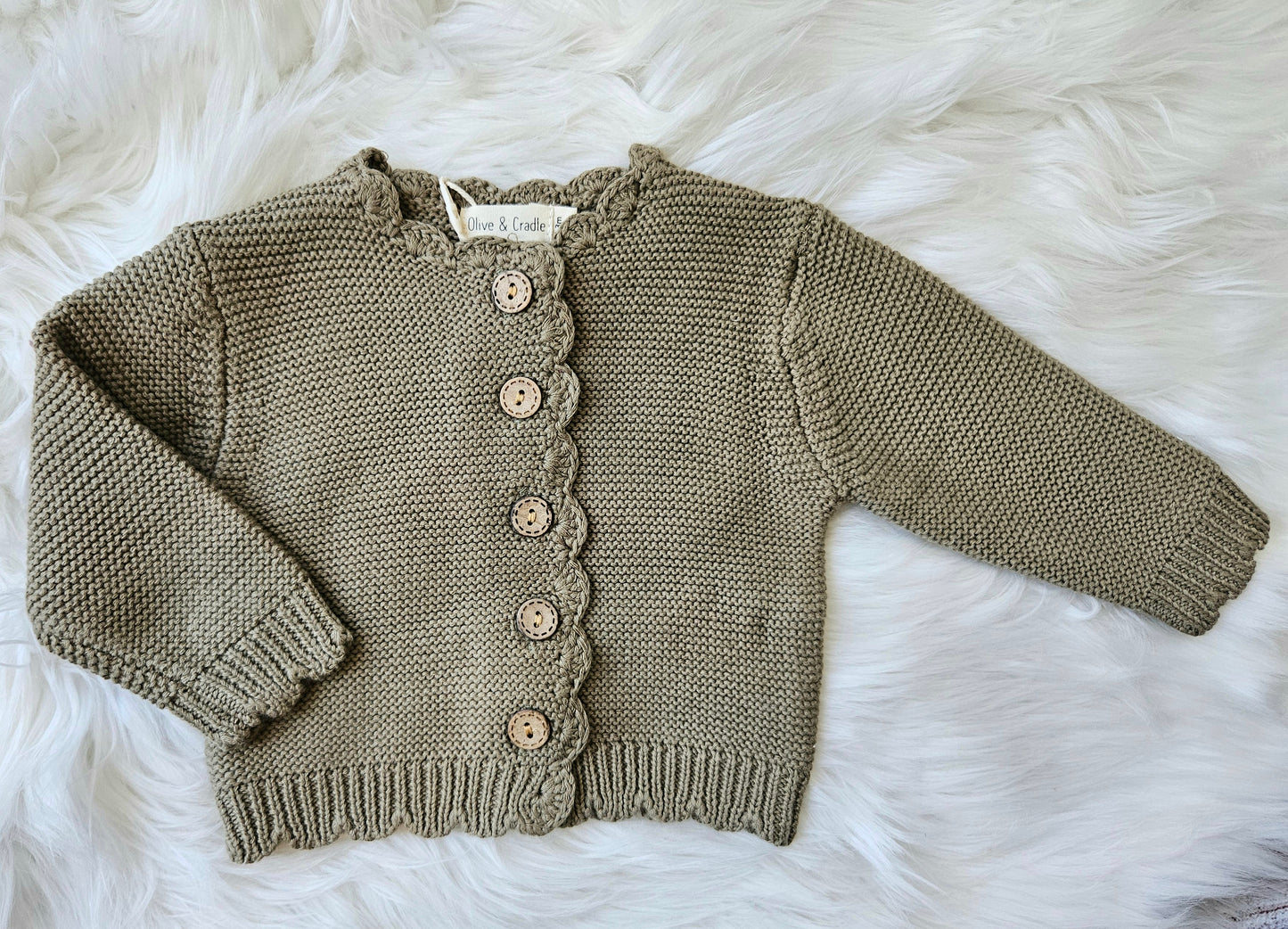 Green Scallop Edge Girls Cotton Cardigan