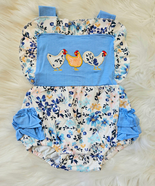 Girls Blue Floral Chicken Bubble Romper #498