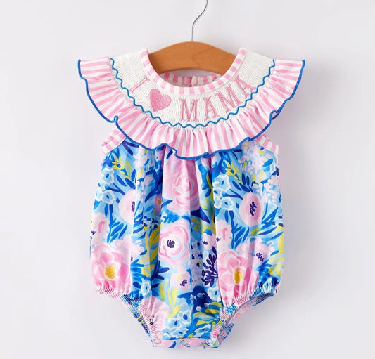 "I Heart Mama" Girls Smocked Floral Bubble #539