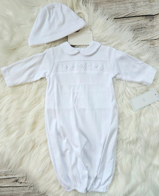 Unisex White Baby Gown With Hat