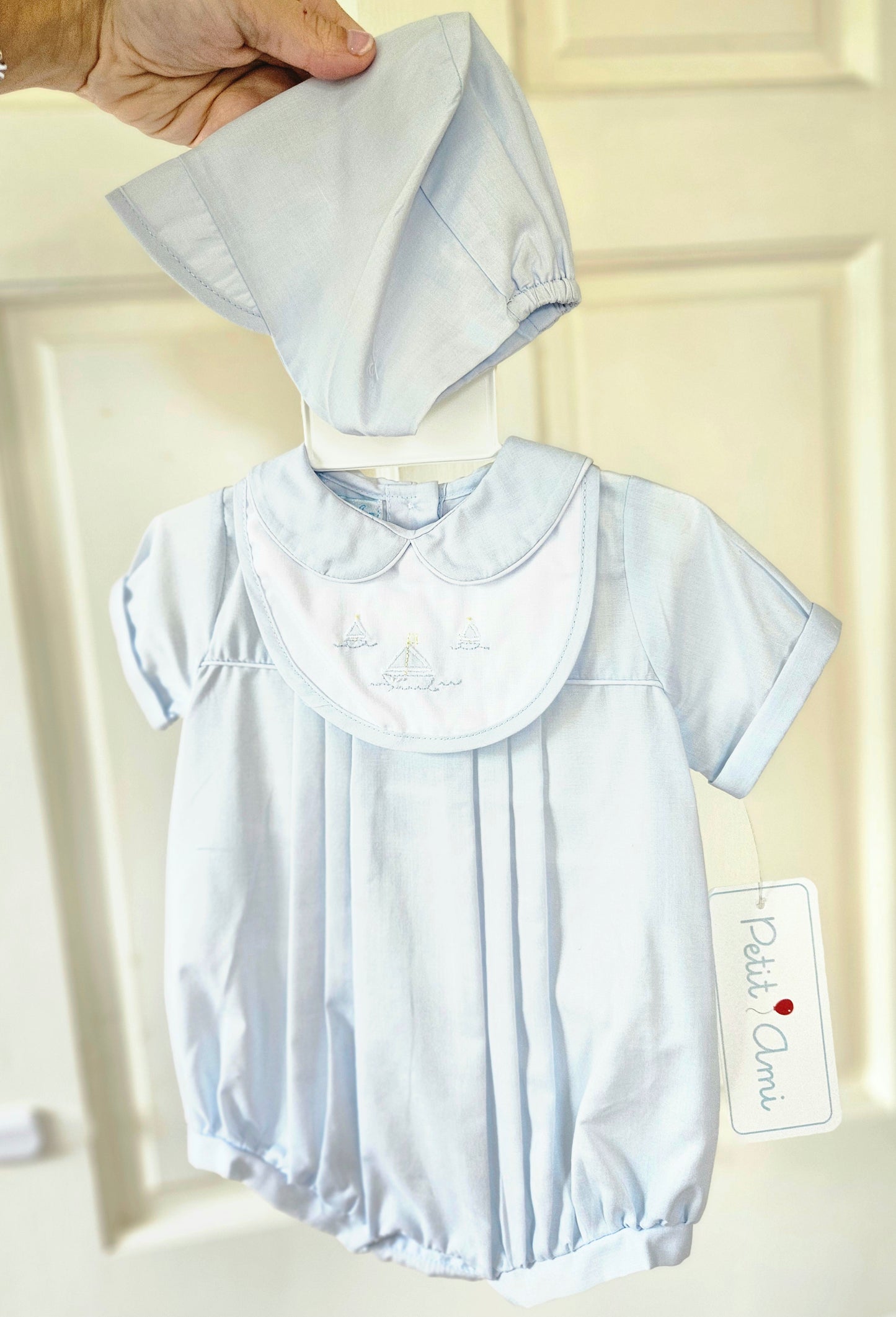 Boys Sail Boat Bibbed Bubble Romper #559