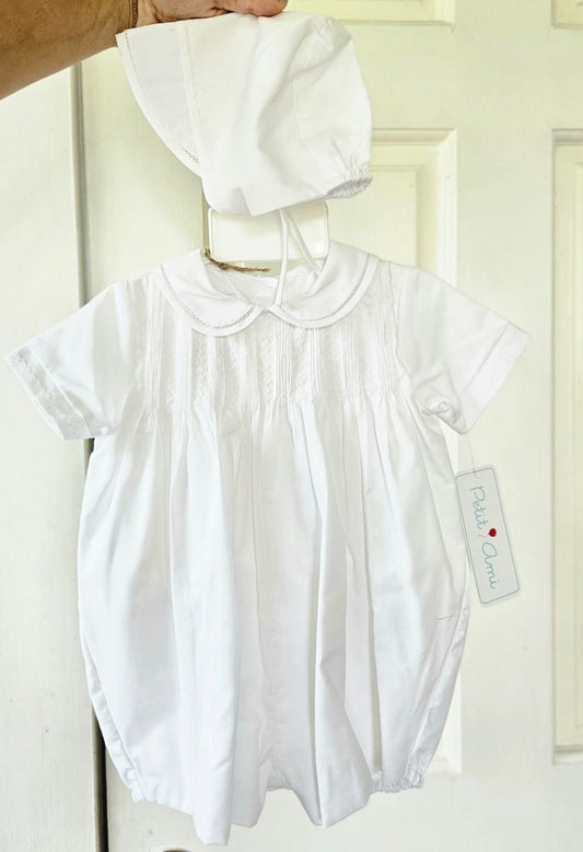 Newborn Pintuck Baby Boys Romper Bonnet set