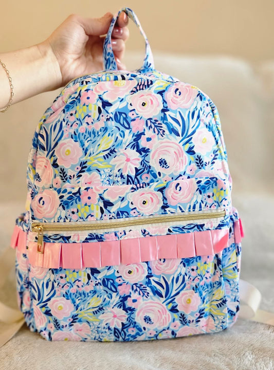 Blue and Pink Floral Ruffle Backpack