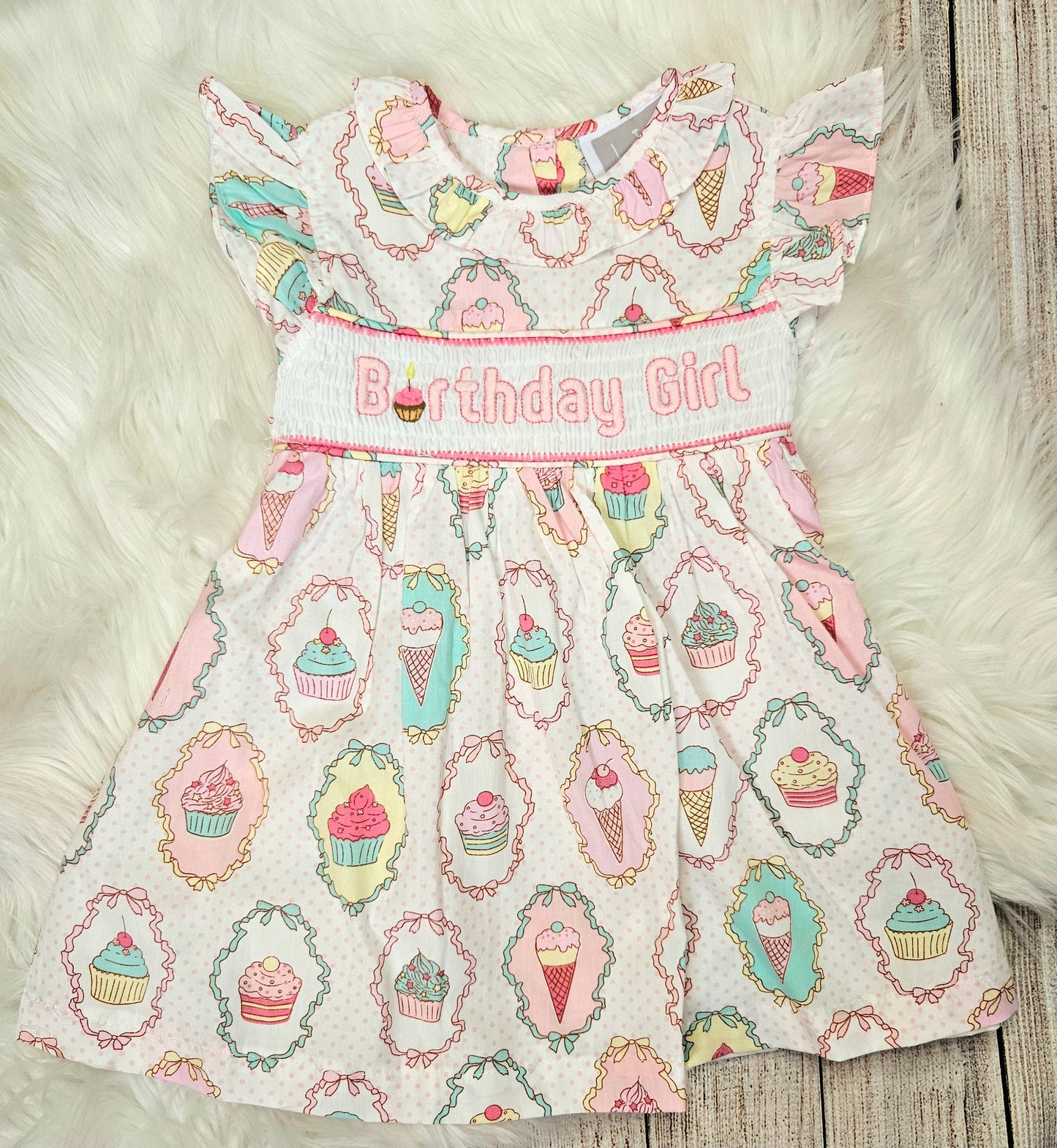 "Little Cupcake" Birthday Girl Smocked Dress