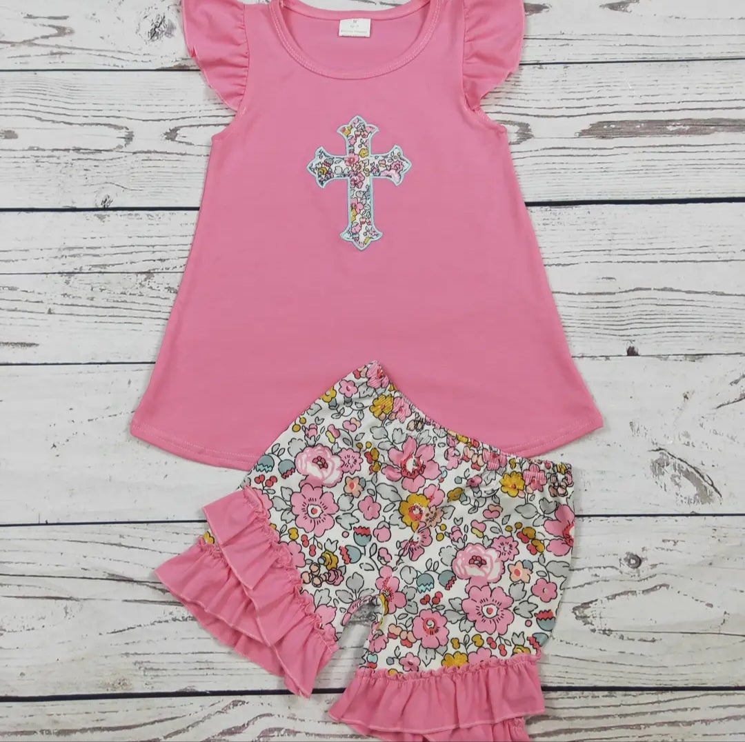 Pink Floral Cross Short Set #499