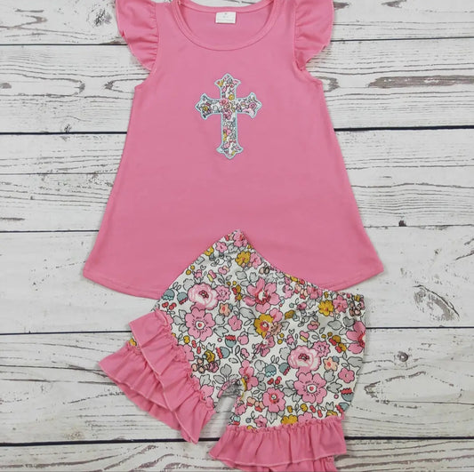 Pink Floral Cross Short Set #499
