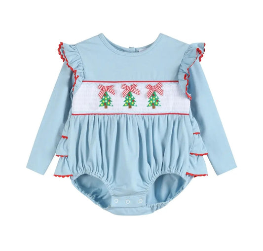 Smocked Girls Christmas Tree Ruffle Bubble