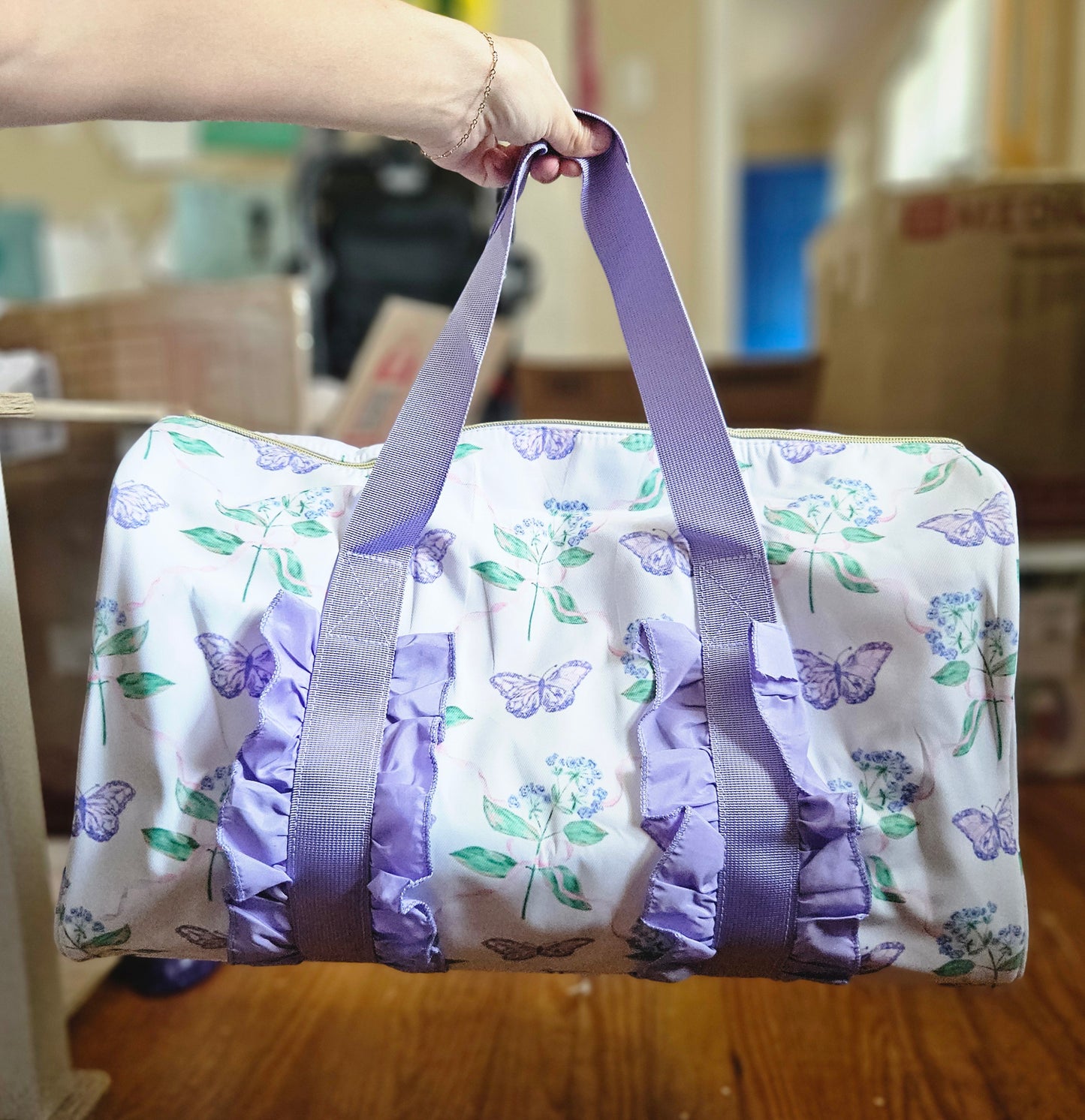 Purple Butterflies Girls Ruffle Duffle