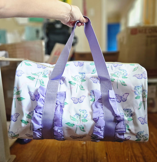 Purple Butterflies Girls Ruffle Duffle