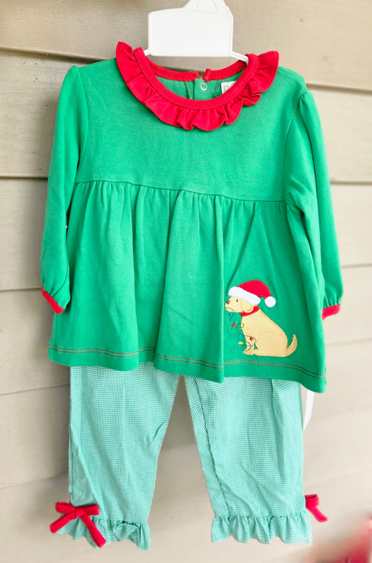 Girls Green Ruffle Christmas Dog Pants Set